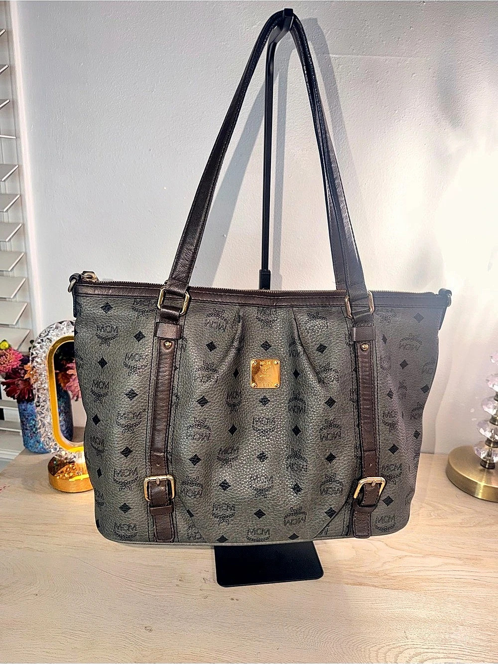 MCM Monogram Tote in Gray & Brown